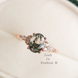Oval Natural Moss Agate diamond cocktail ring in rose gold over sterling silver